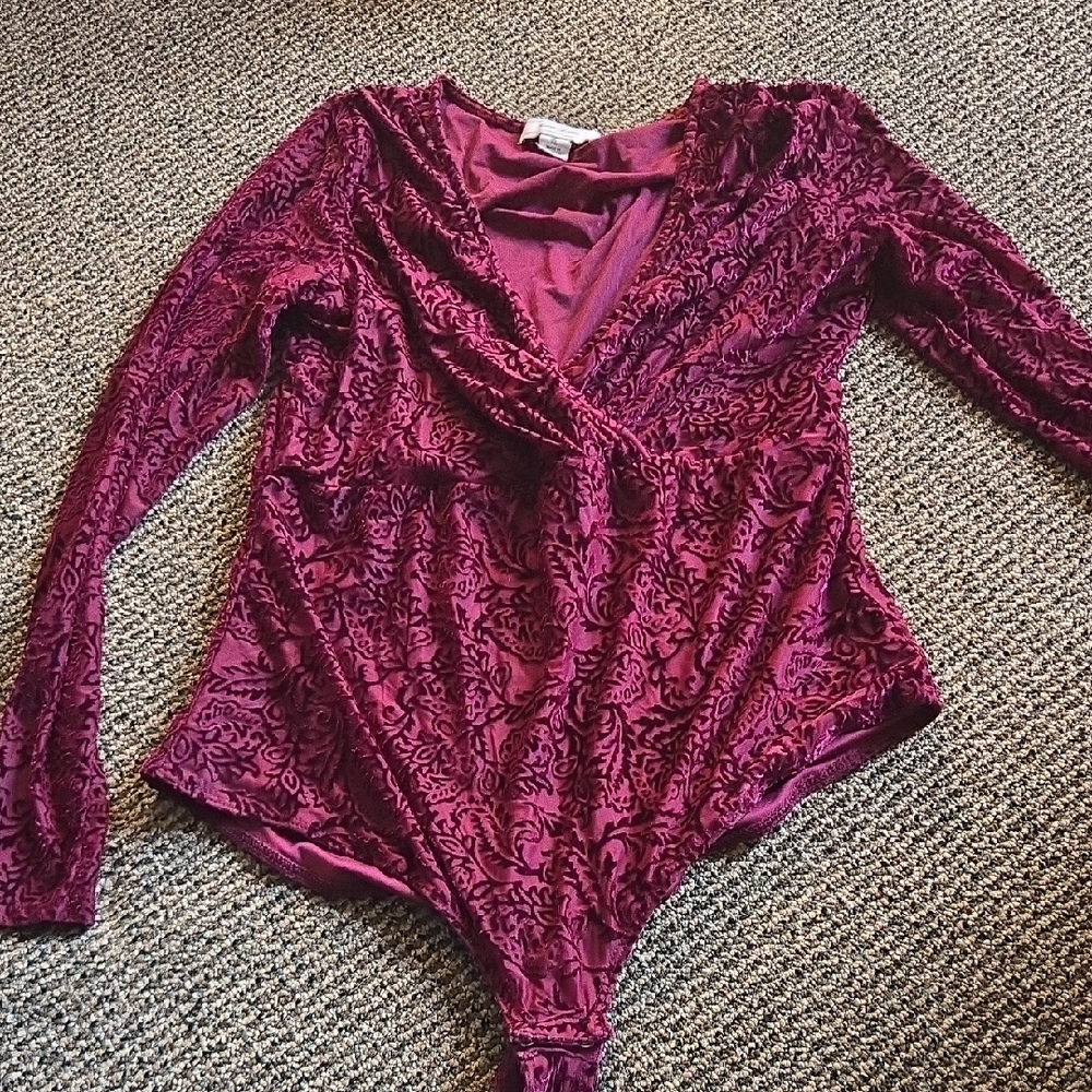 Adam Levine Velvet Burnout Lined Burgundy Bodysuit💫